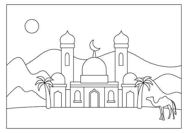 Premium vector mosque building coloring page for kids