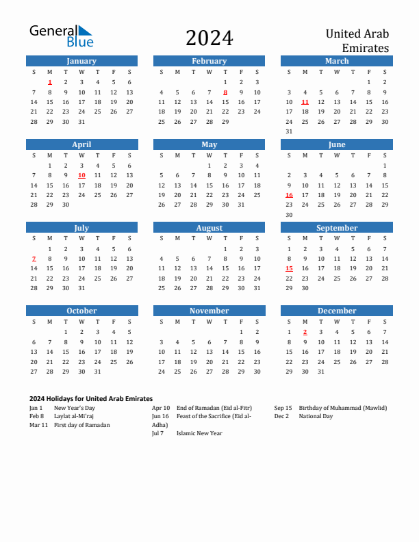 United arab emirates calendar with holidays