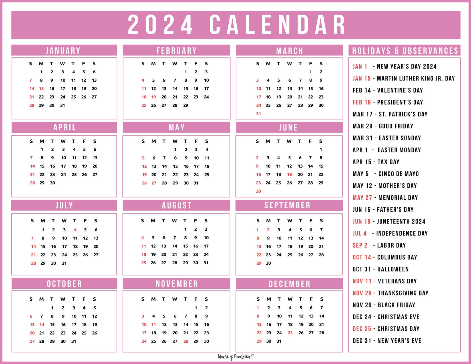 Calendar with holidays