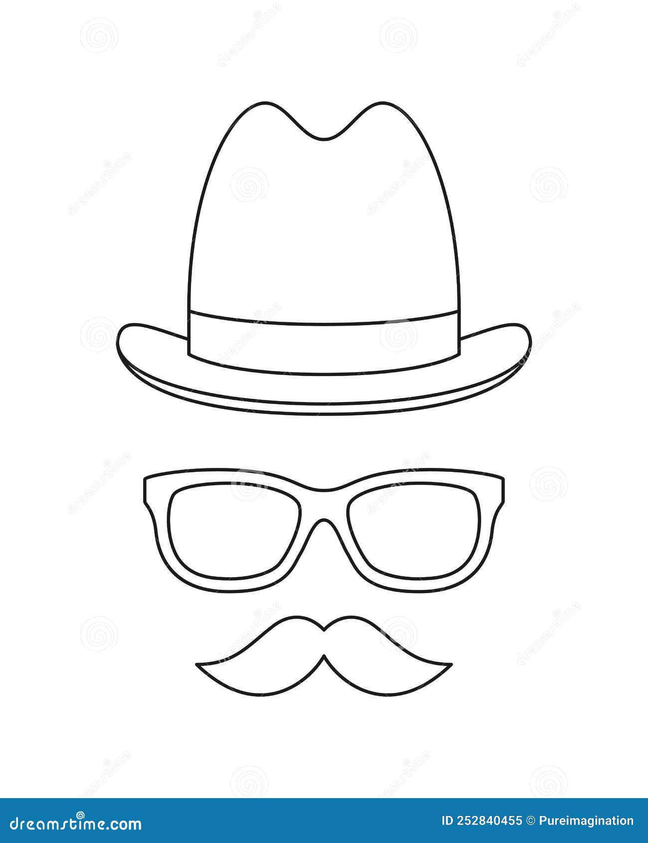 Coloring page with mustache hat and glasses for kids stock vector