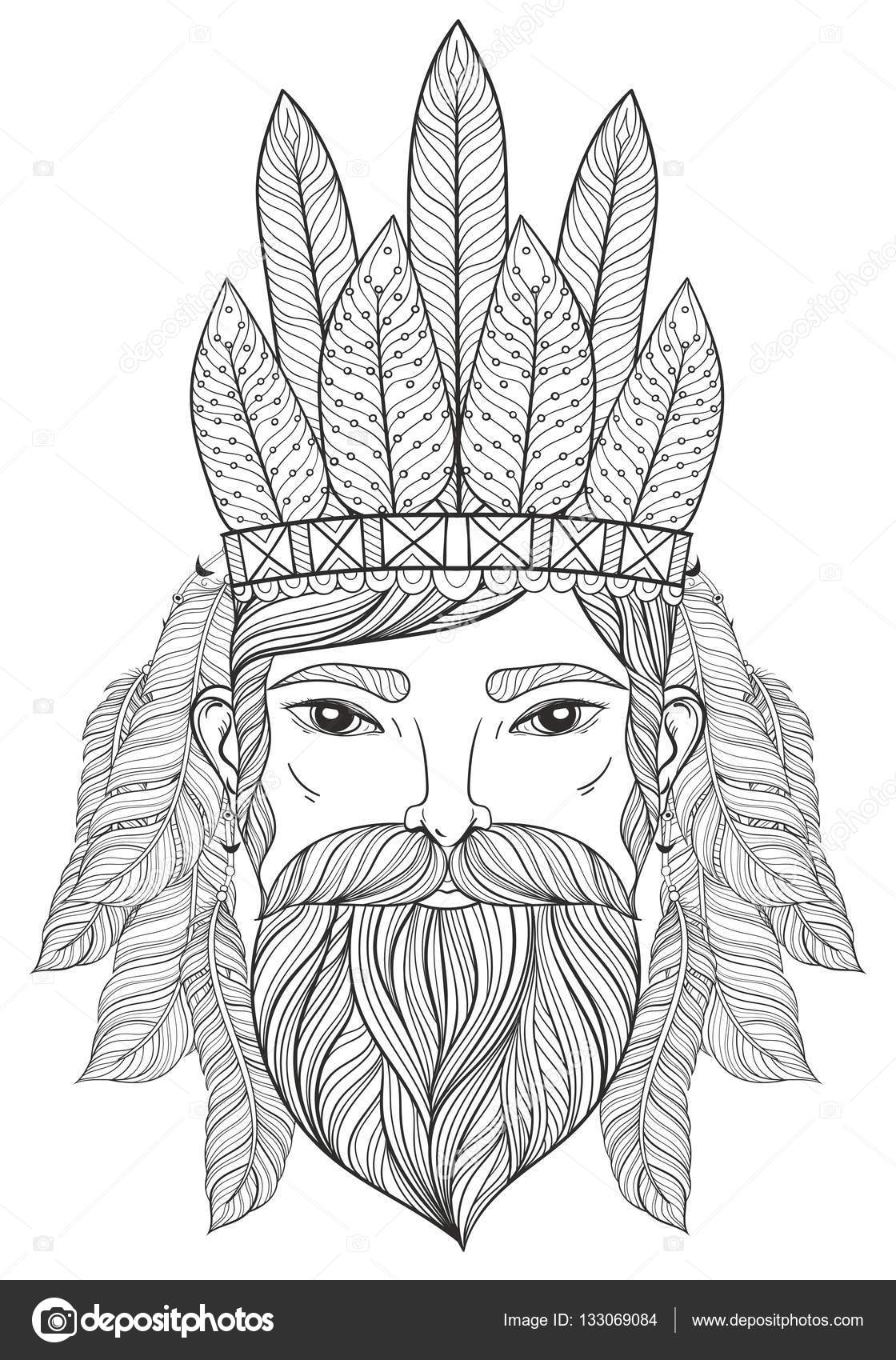 Vector zentangle portrait of man with mustache beard war bonnet with feathers for adult coloring pages tattoo art ethnic patterned t