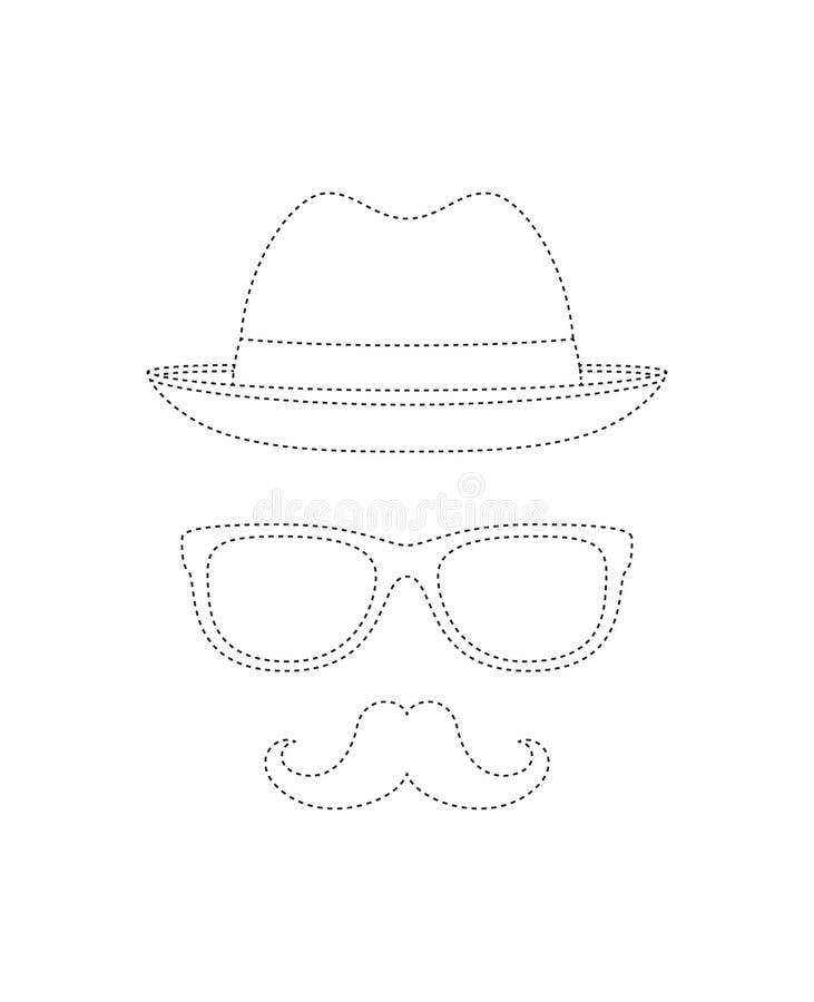 Mustache hat and glasses tracing worksheet for kids stock vector