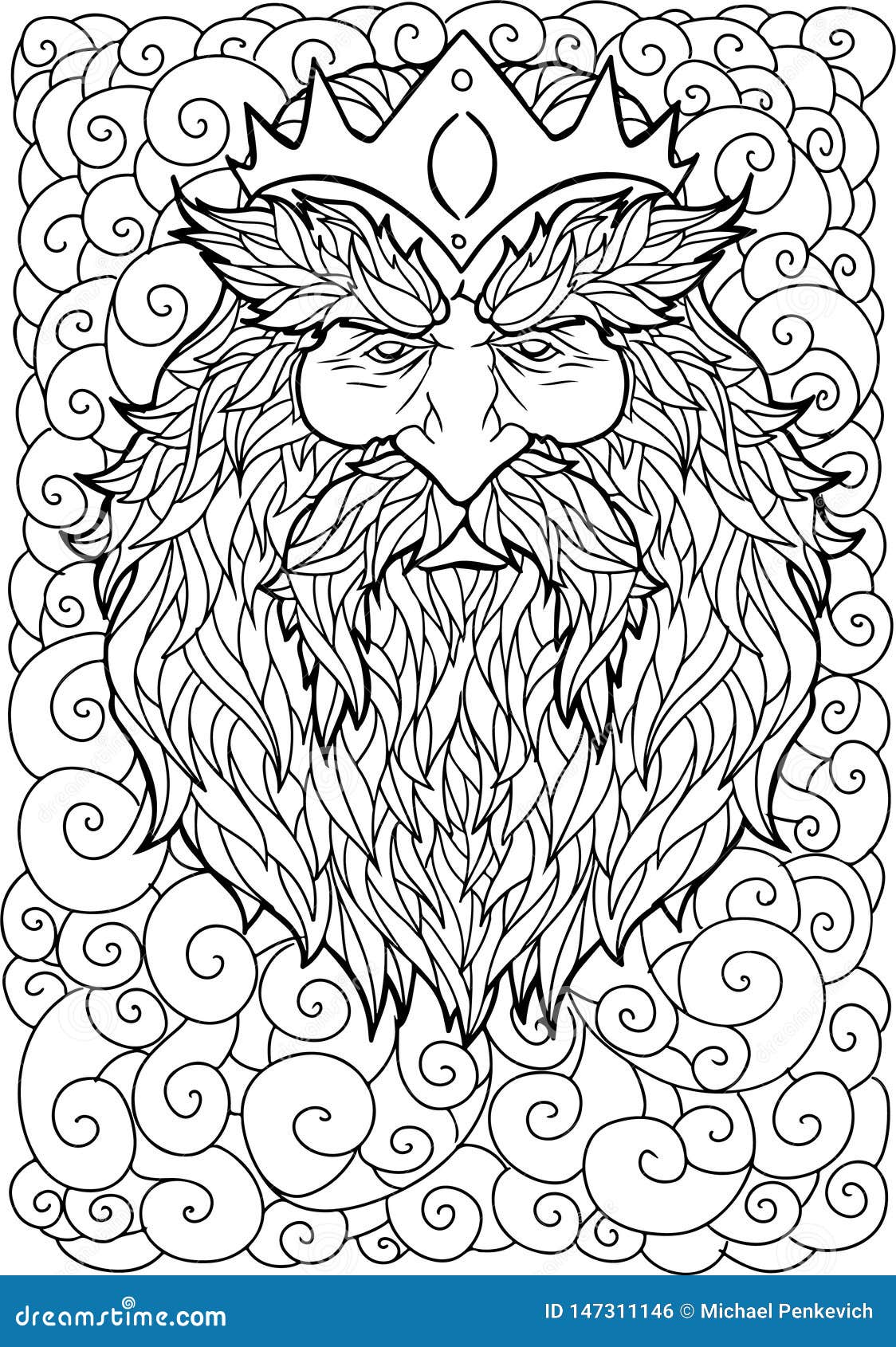 Bearded man with mustache and crown for adult coloring pages antistress tattoo art stock vector