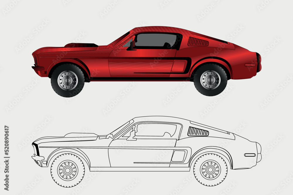 Ford mustang classic carsvector classic car illustration coloring book page for adult drawing paper outlines vehicle graphic element wheel black contour sketch see less vector