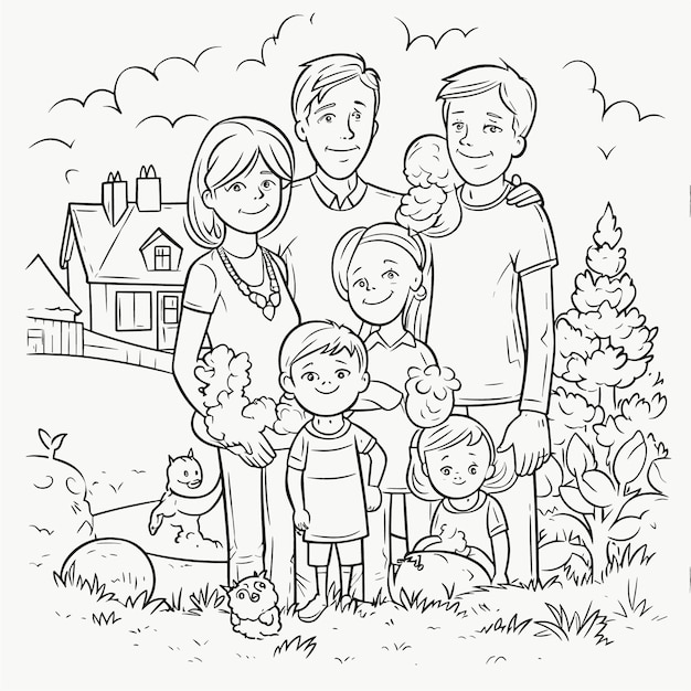 Premium vector sketch hand drawn single line art coloring page line drawing family day