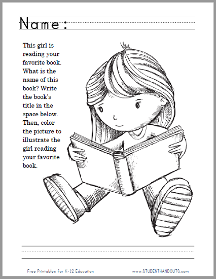 Girl reading your favorite book coloring page worksheet student handouts