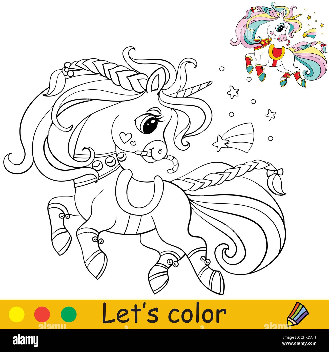Cute and funny little christmas unicorn coloring book page with color template vector cartoon illustration for kids coloring card print design stock vector image art