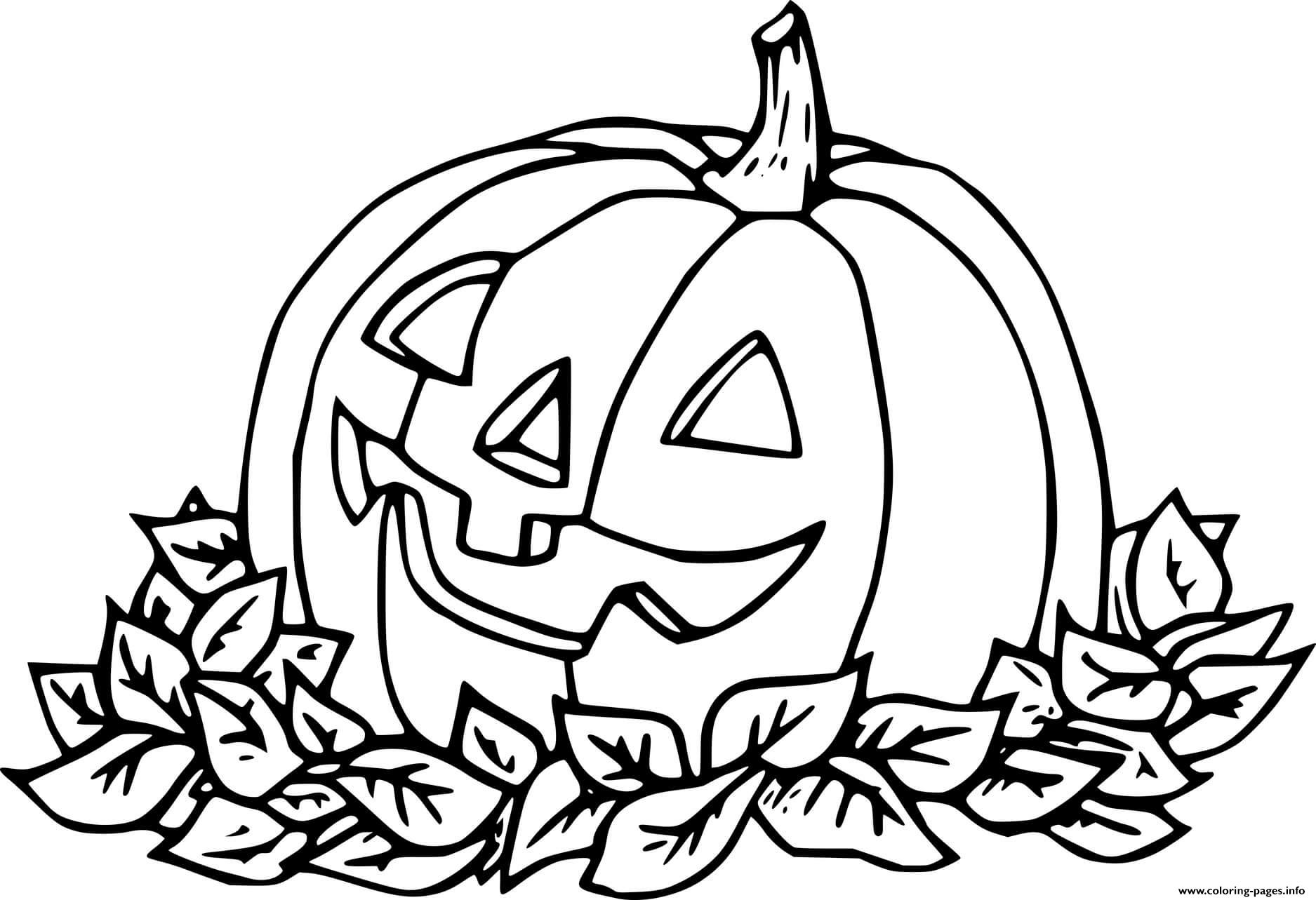Jack o lantern and many leaves coloring page printable