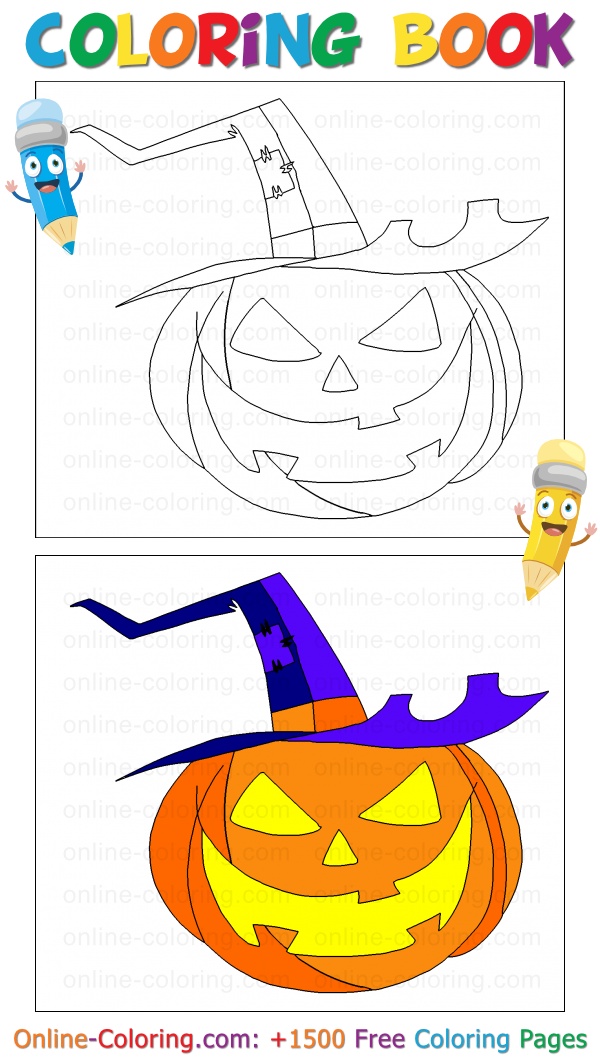Halloween pumpkin with witch hat free online coloring page
