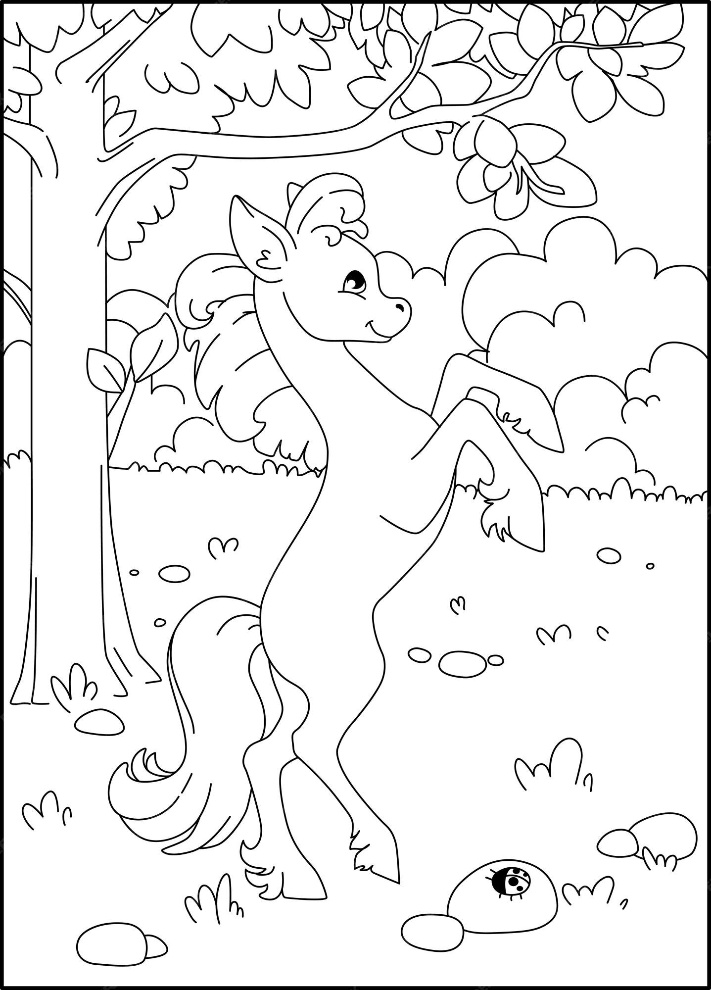 Premium vector coloring book with a little pony coloring book for children horse on the background of the garden