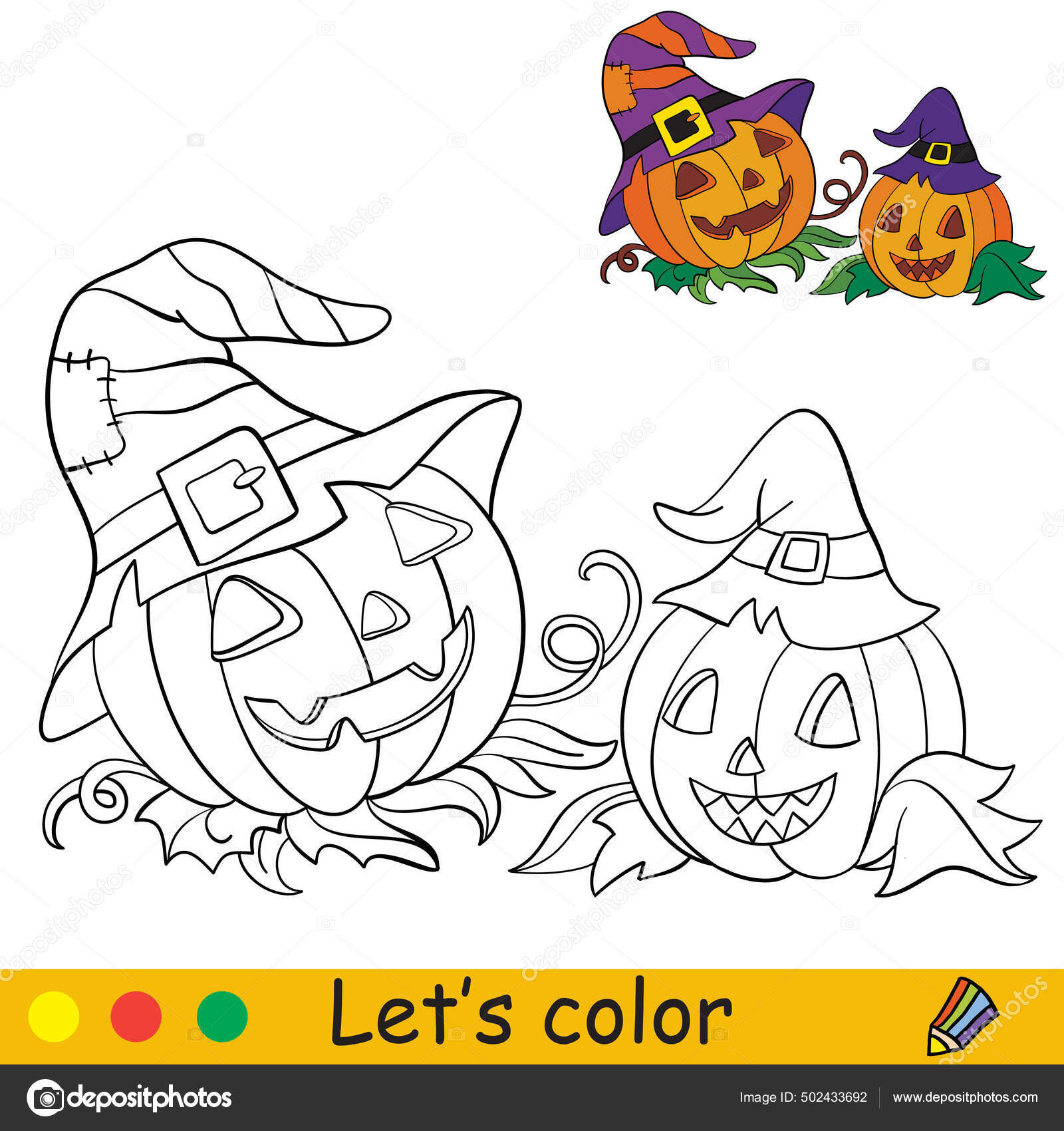 Funny halloween pumpkins hats witch halloween concept coloring book page stock vector by alinart