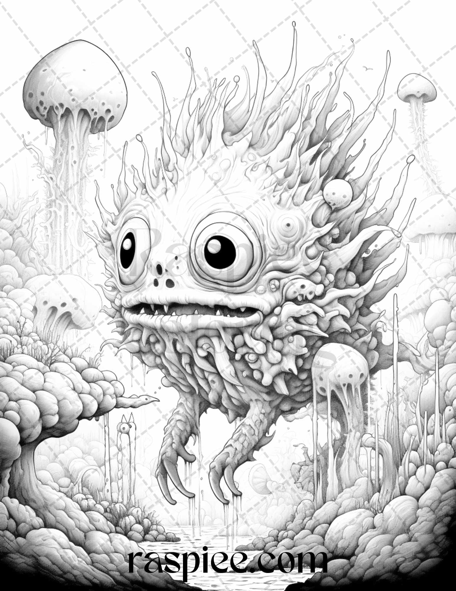 Surreal creatures grayscale coloring pages for adults printable pd â coloring