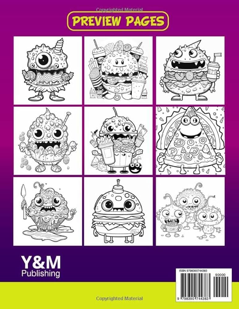 Cute and funny monster junk food coloring book for stress relief relaxation illustrations