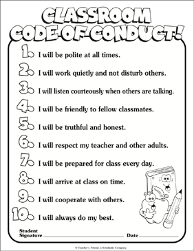 Classroom code of conduct coloring page printable charts and signs