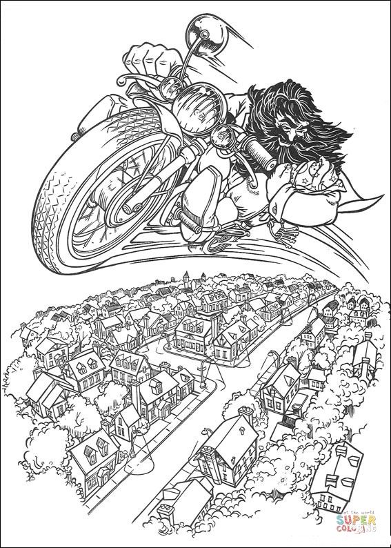 Hagrid rides flying motorcycle coloring page free printable coloring pages harry potter coloring pages harry potter coloring book harry potter art drawings