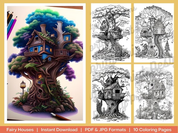 Mystery treehouse coloring book tree house colouring pages adult kids grown up coloring paper grayscale coloring book pdf jpg new