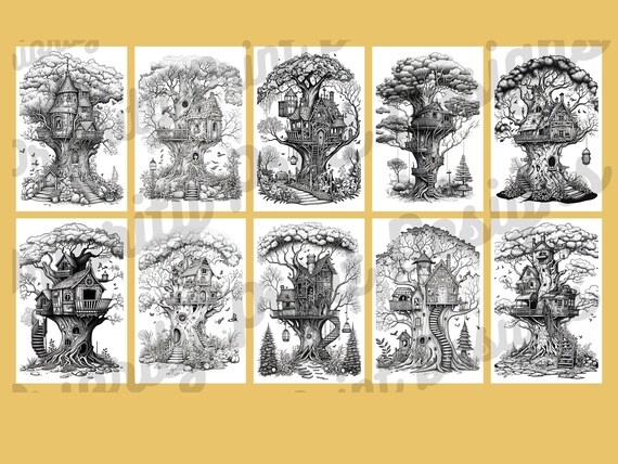 Mystery treehouse coloring book tree house colouring pages adult kids grown up coloring paper grayscale coloring book pdf jpg new