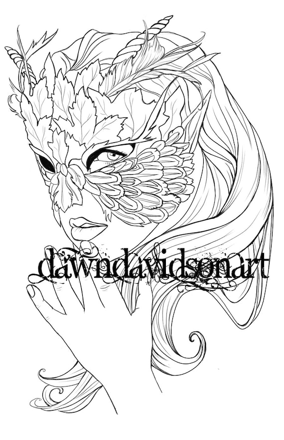 Mystery mask lineart and grayscale coloring pages for adults printable instant download fantasy stress relief