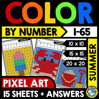 Mystery picture summer math color by number pixel art activity coloring page