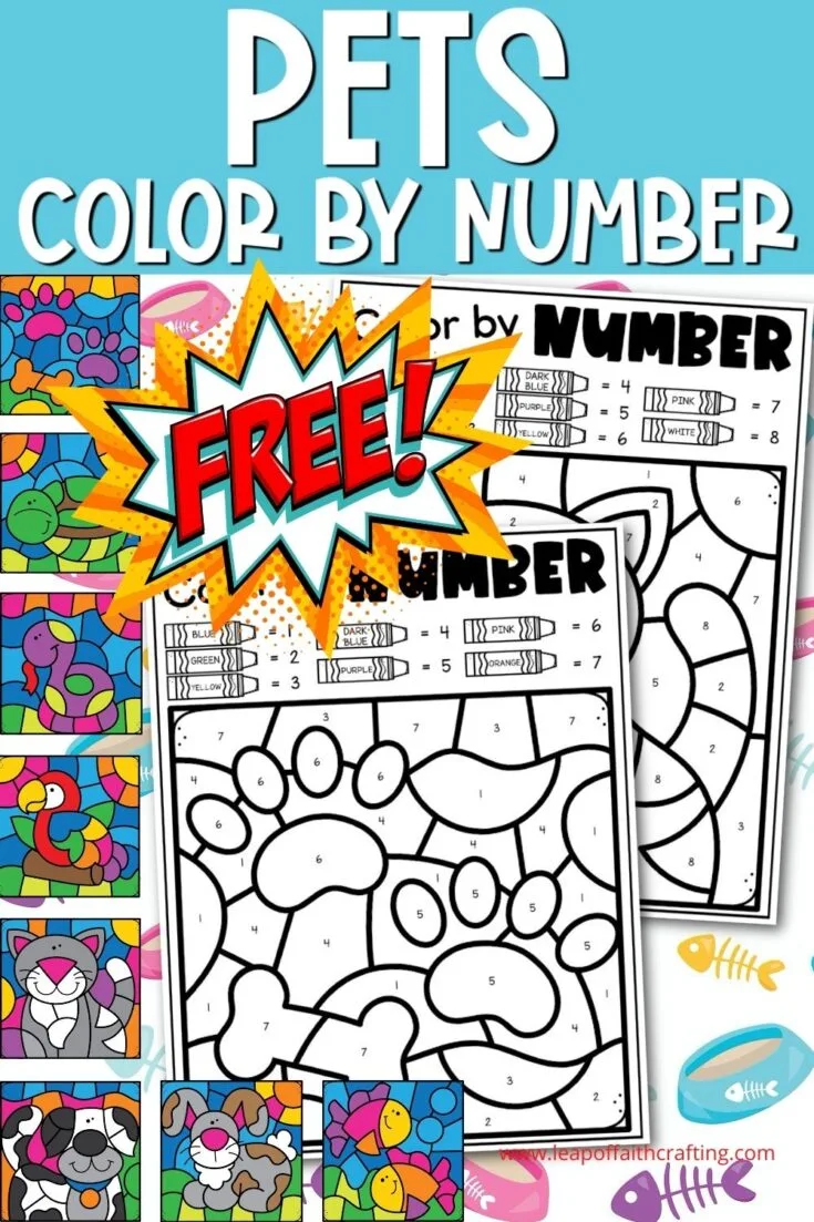 Animals color by number free page pet pack