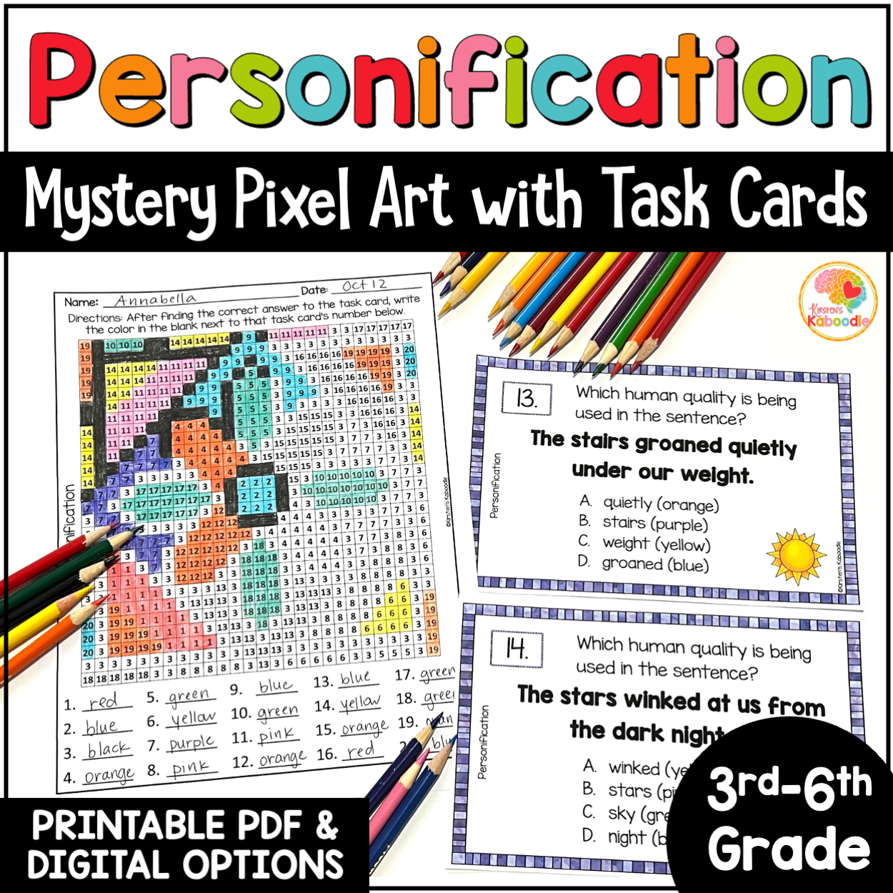 Personification color by number mystery pixel art activity