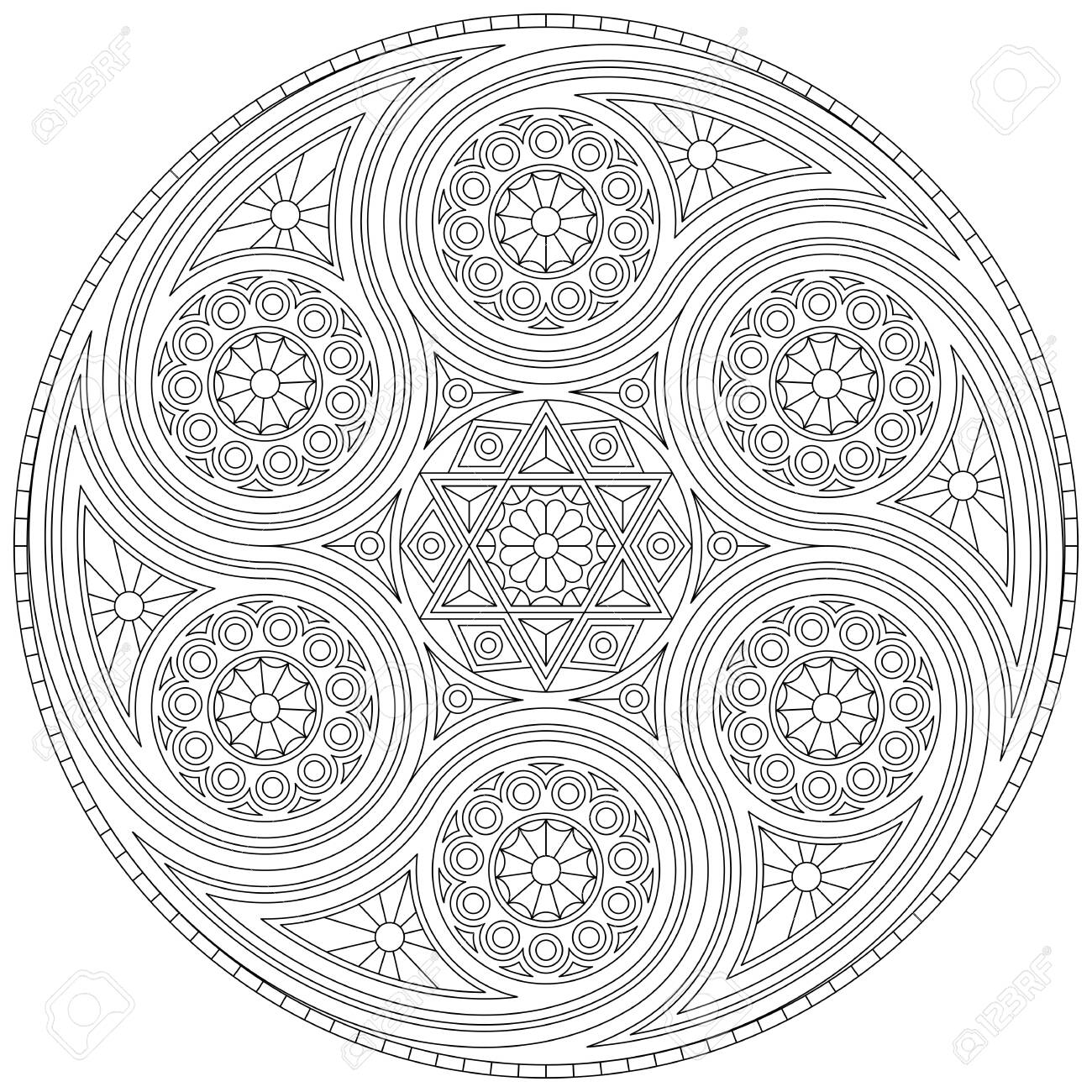Coloring book for adults with mystical mandala with six