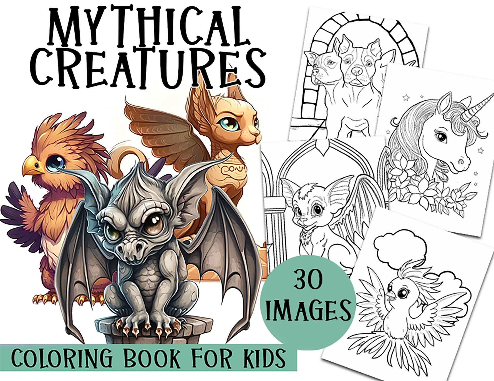 Mythical creatures coloring book for kids unicorns dragons gargoyle pheonix griffin kitsune manticore pegasus