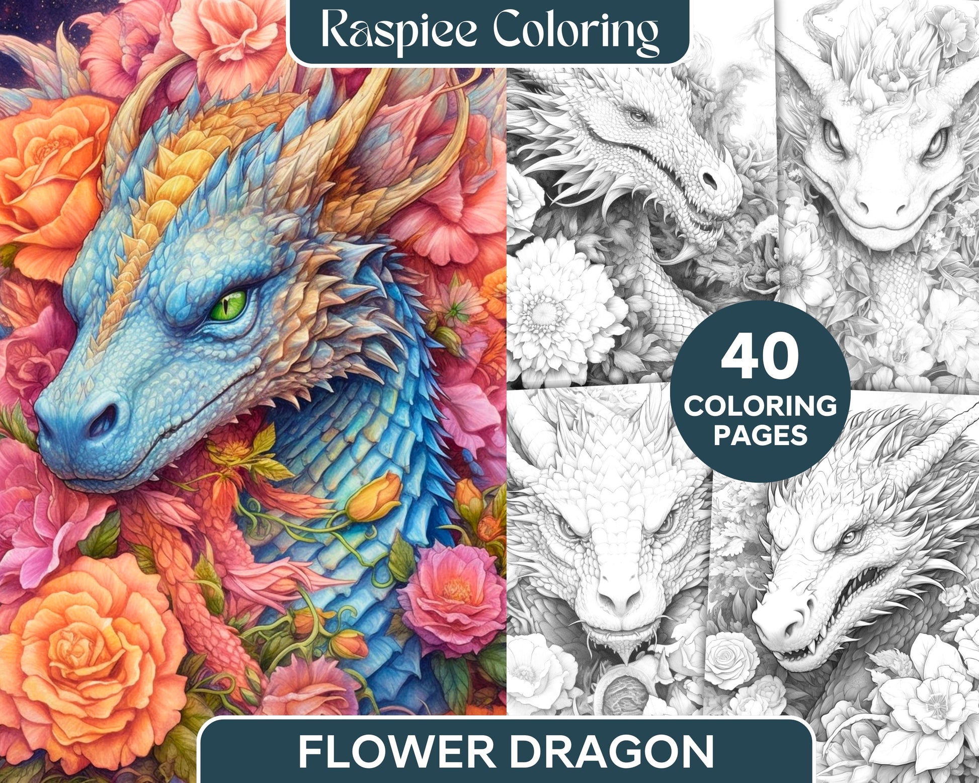 Flower dragon grayscale coloring pages printable for adults pdf fi â coloring