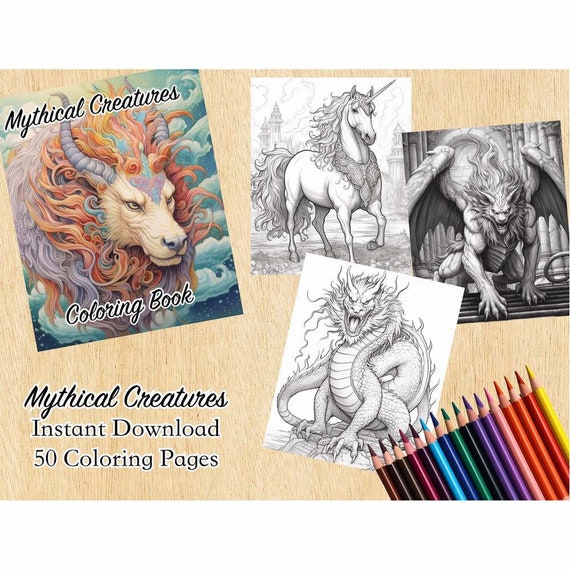 Mythical folklore creatures coloring book page bundle legendary mystical fantasy animals instant download images printable pdf file