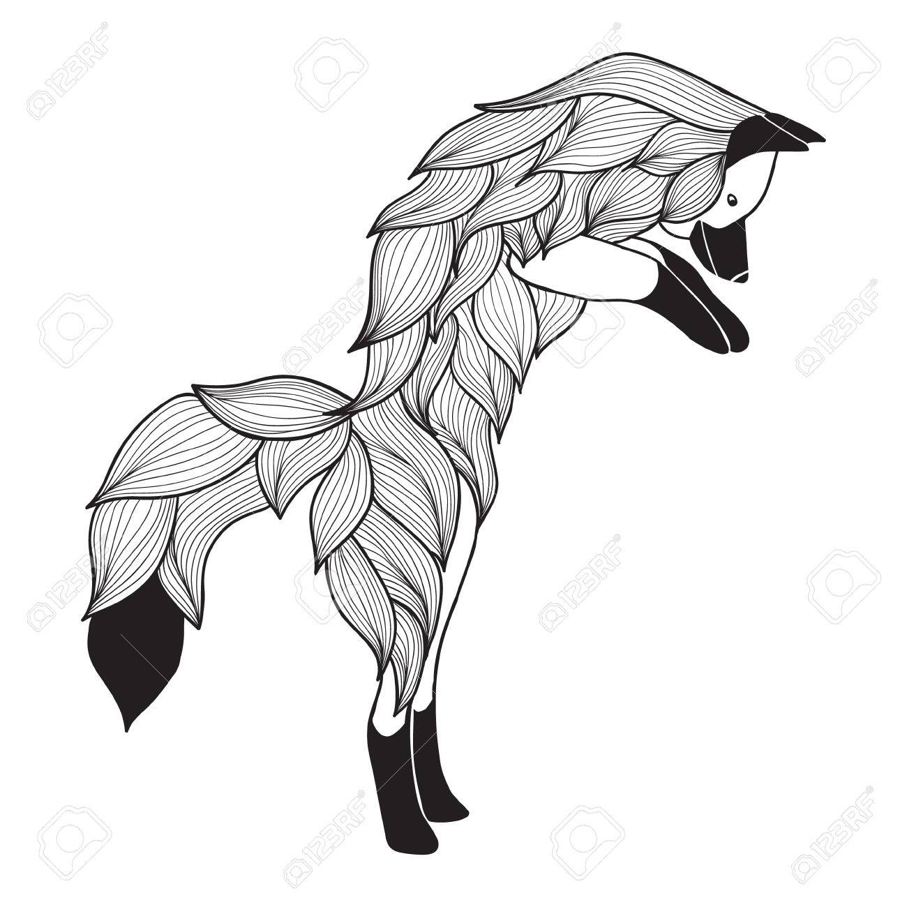 Doodle vector jumping fox for adult anti stress coloring pages ornamental tribal patterned illustration for tattoo poster print hand drawn sketch isolated on white background animal collection royalty free svg cliparts vectors
