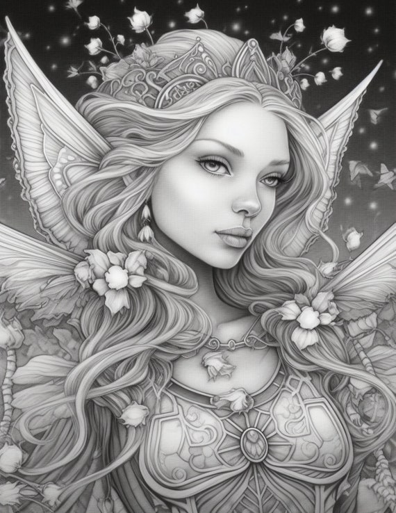 Moon fairies coloring pages for adults and kids instant download grayscale coloring gift printable art pdf instant download