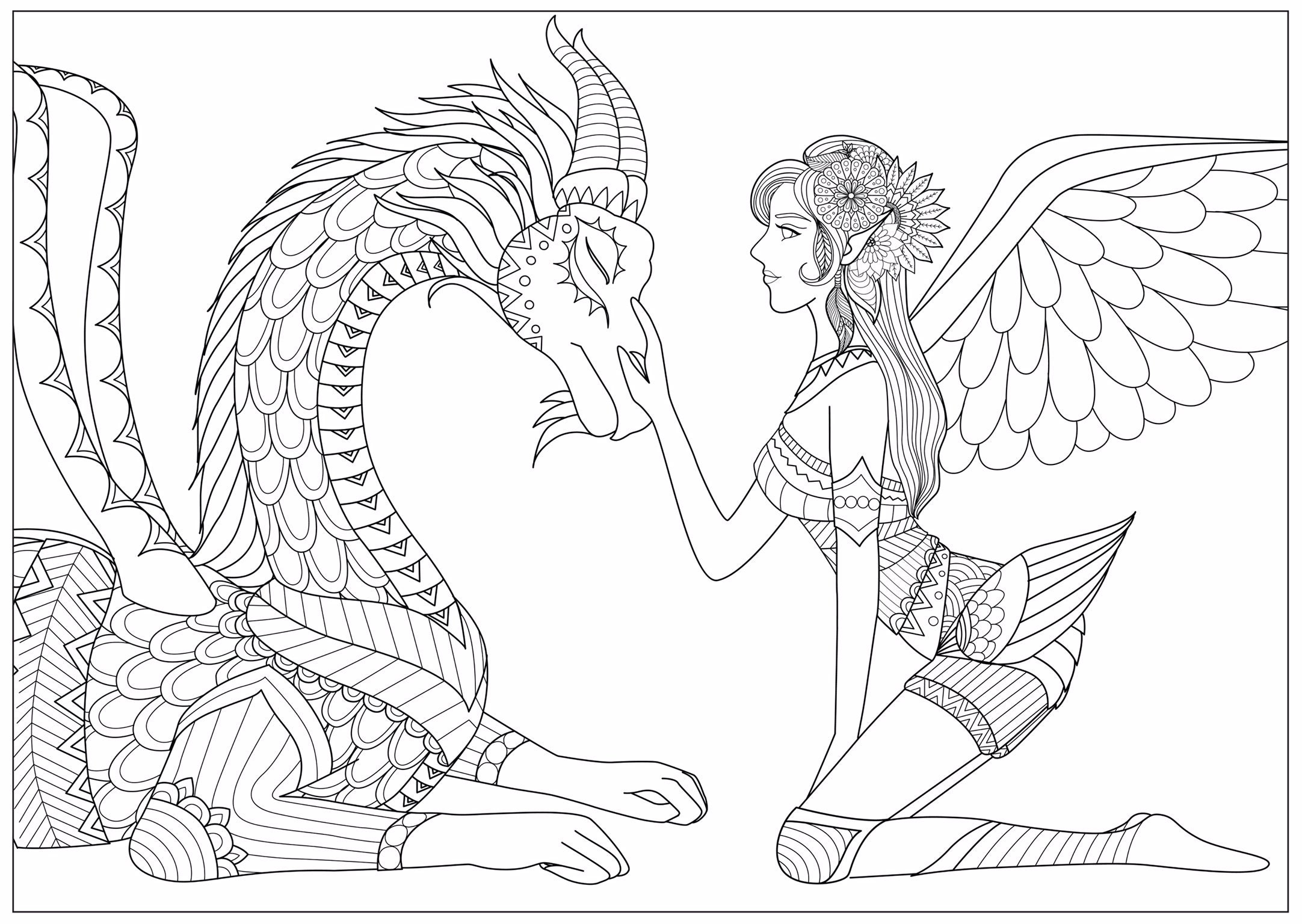 Fairy coloring page dragon coloring sheet printable adult coloring page fairy tale coloring book page