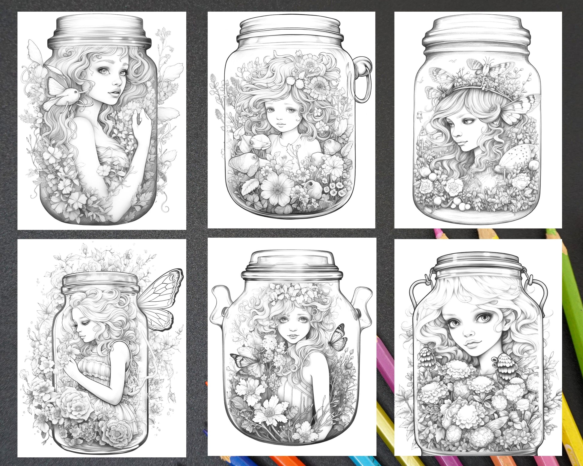 Beautiful fairies in jar grayscale coloring pages printable for adu â coloring