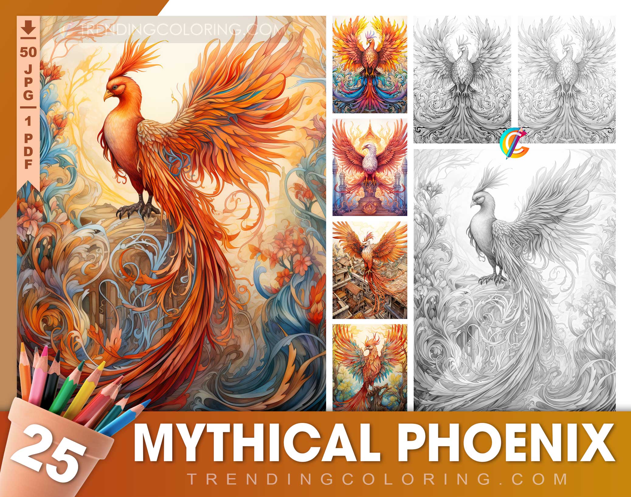 Mythical phoenix grayscale coloring pages