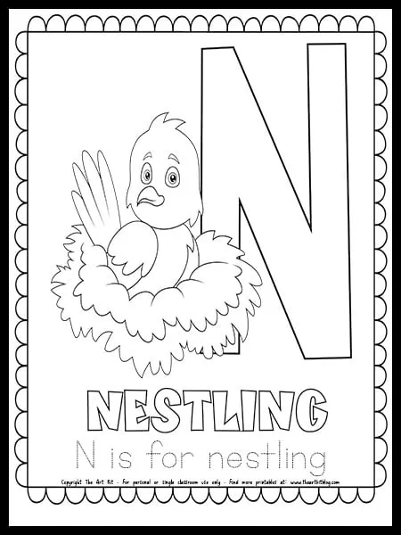 Letter n is for nestling free printable coloring page â the art kit
