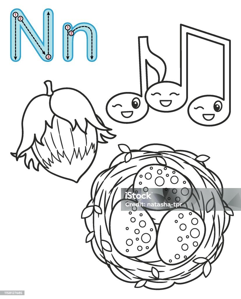 Letter n nuts notes nest vector coloring book alphabet printable coloring page for kindergarten and preschool stock illustration