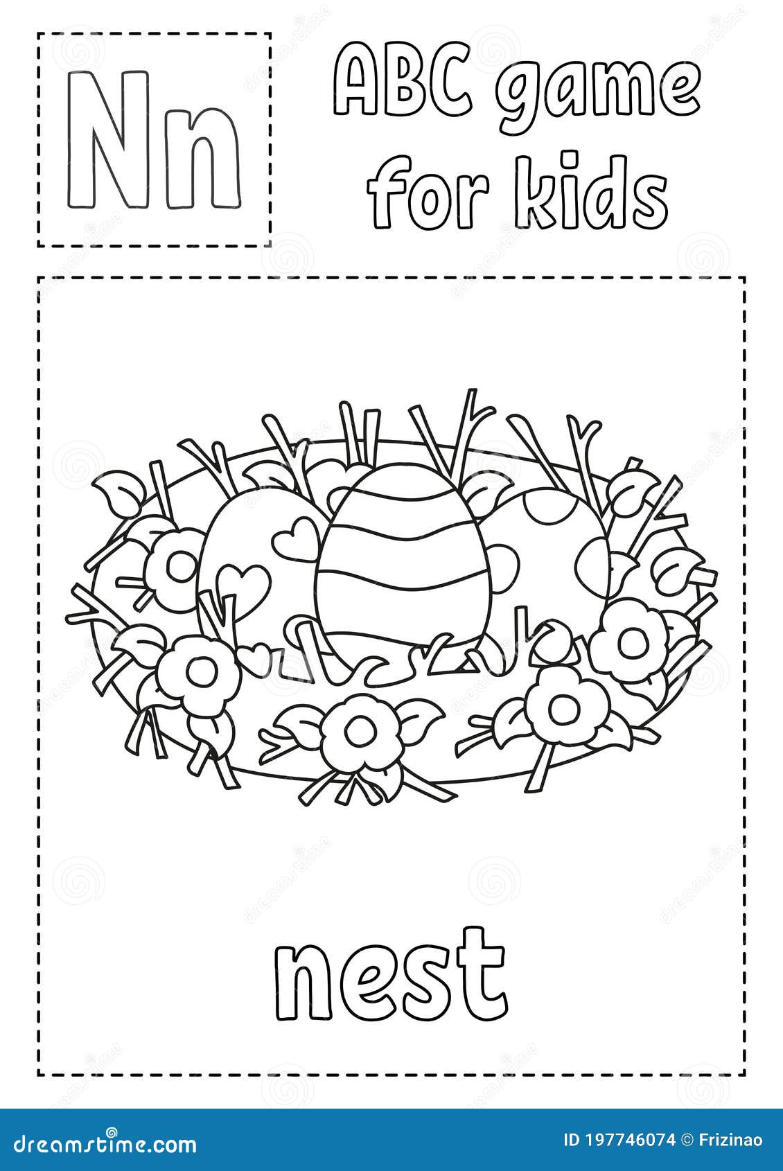 Letter n is for nest abc game for kids alphabet coloring page cartoon character word and letter stock vector