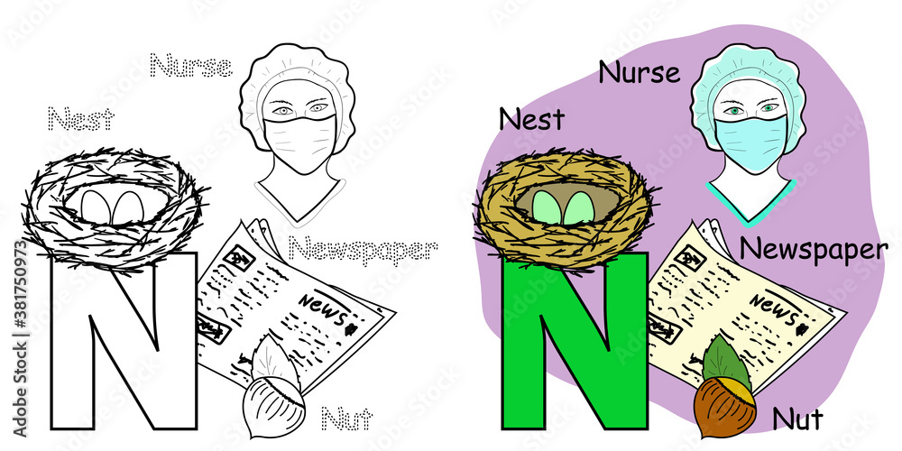 English alphabet coloring book page for children letter n is for nurse nut nest newspaper vector illustration vector
