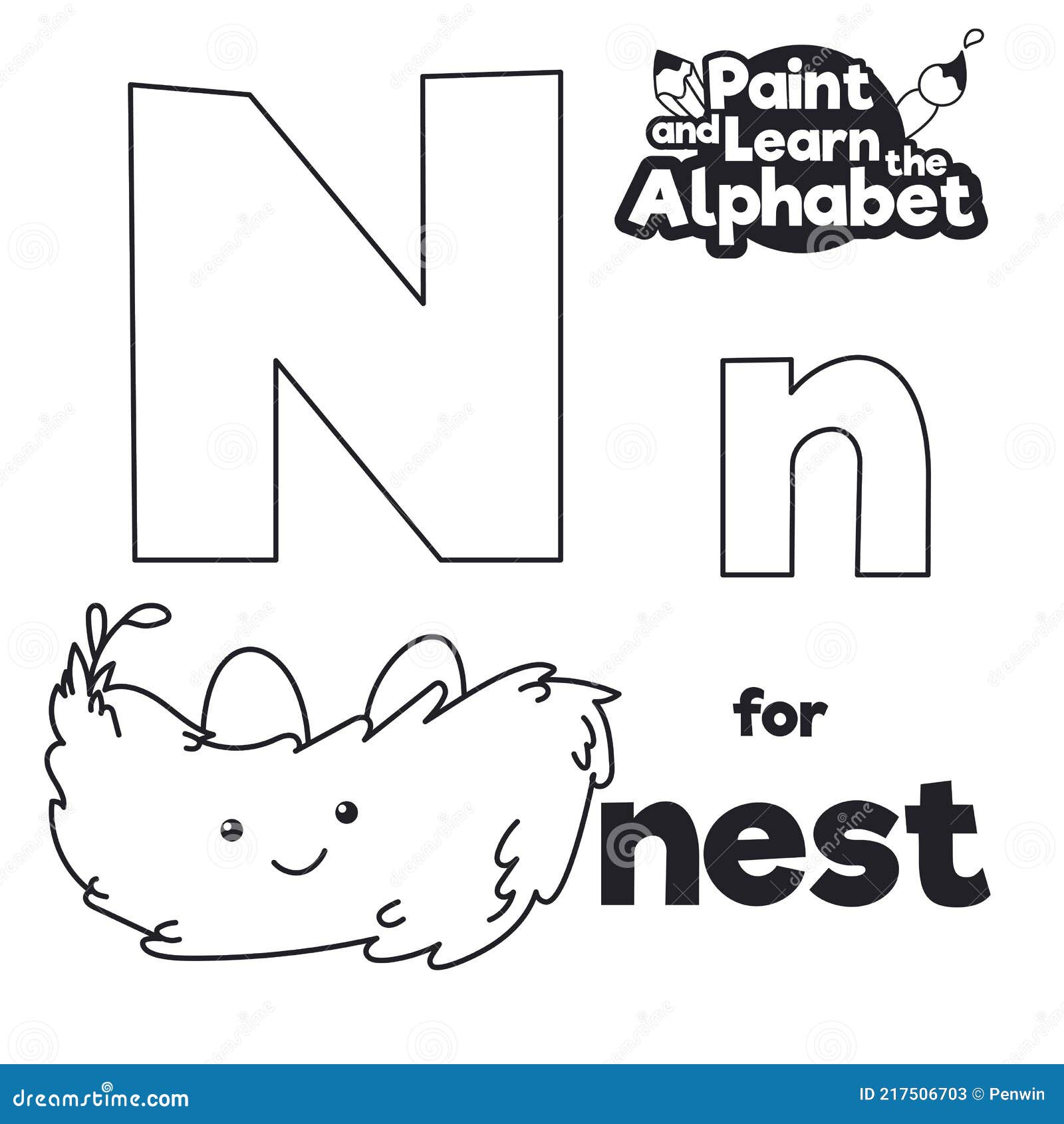 Alphabet to color it with letter n and bird nest vector illustration stock vector