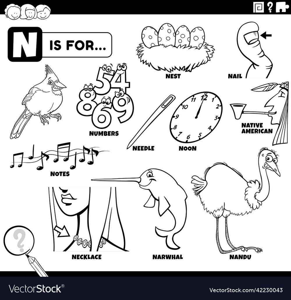 Letter n words educational set coloring book page vector image