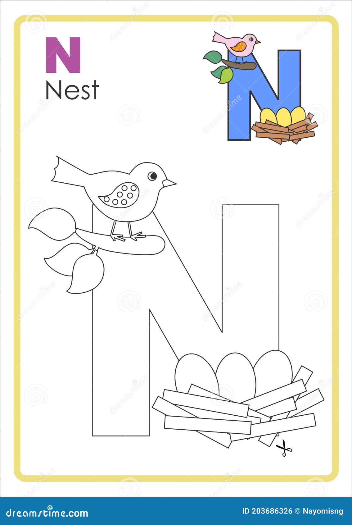 Alphabet picture letter n colouring page nest craft stock illustration