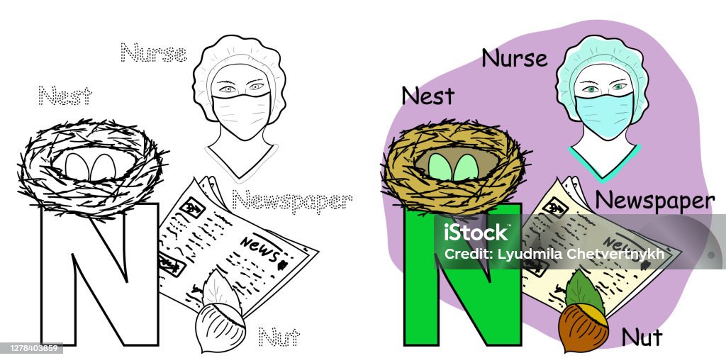 English alphabet coloring book page for children letter n is for nurse nut nest newspaper vector illustration stock illustration