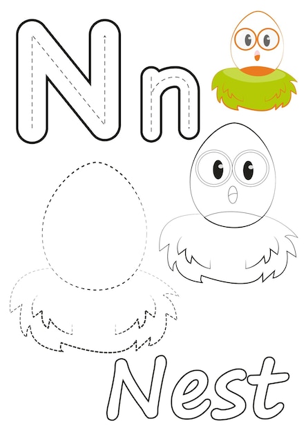Premium vector coloring pages of nest and the letter n suitable for use in childrens coloring books
