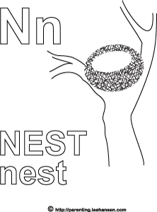 Nest alphabet letter n coloring page