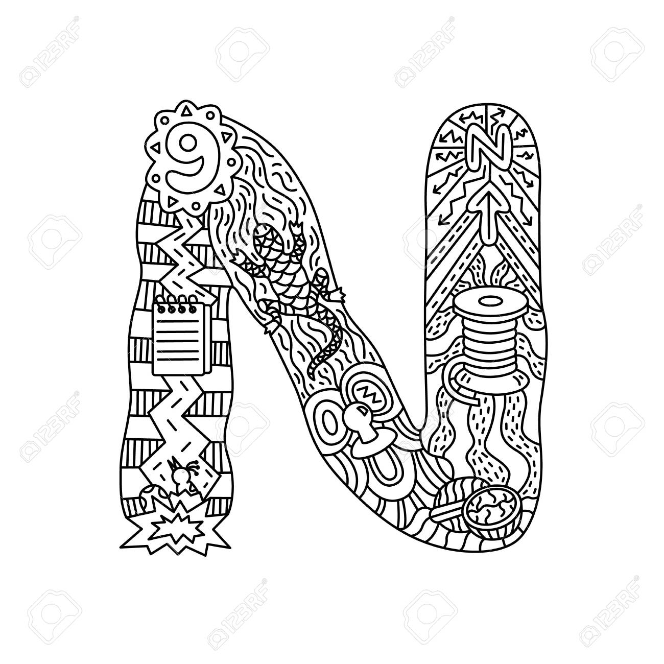Alphabet letter n coloring cute objects isolated on a white background notebook newt nine nipple north needle nuts doodle style vector illustration royalty free svg cliparts vectors and stock illustration image