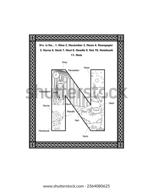 Alphabet n letter coloring page cartoon stock vector royalty free