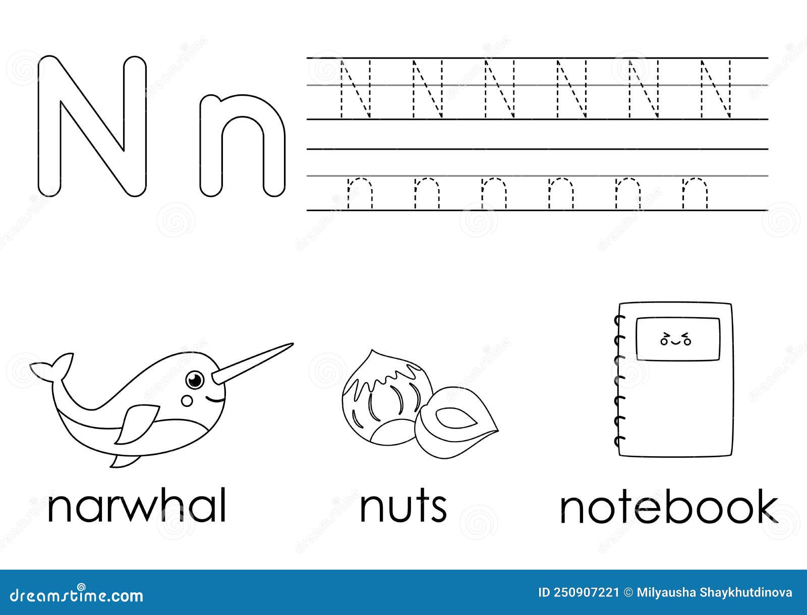 Learning english alphabet for kids letter n coloring book stock vector