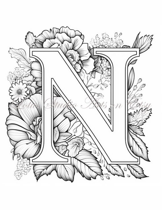 Floral letter n coloring page style downloadable printable alphabet coloring page for adults and teens great for craft projects