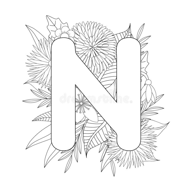 Letter n coloring page floral coloring stock vector