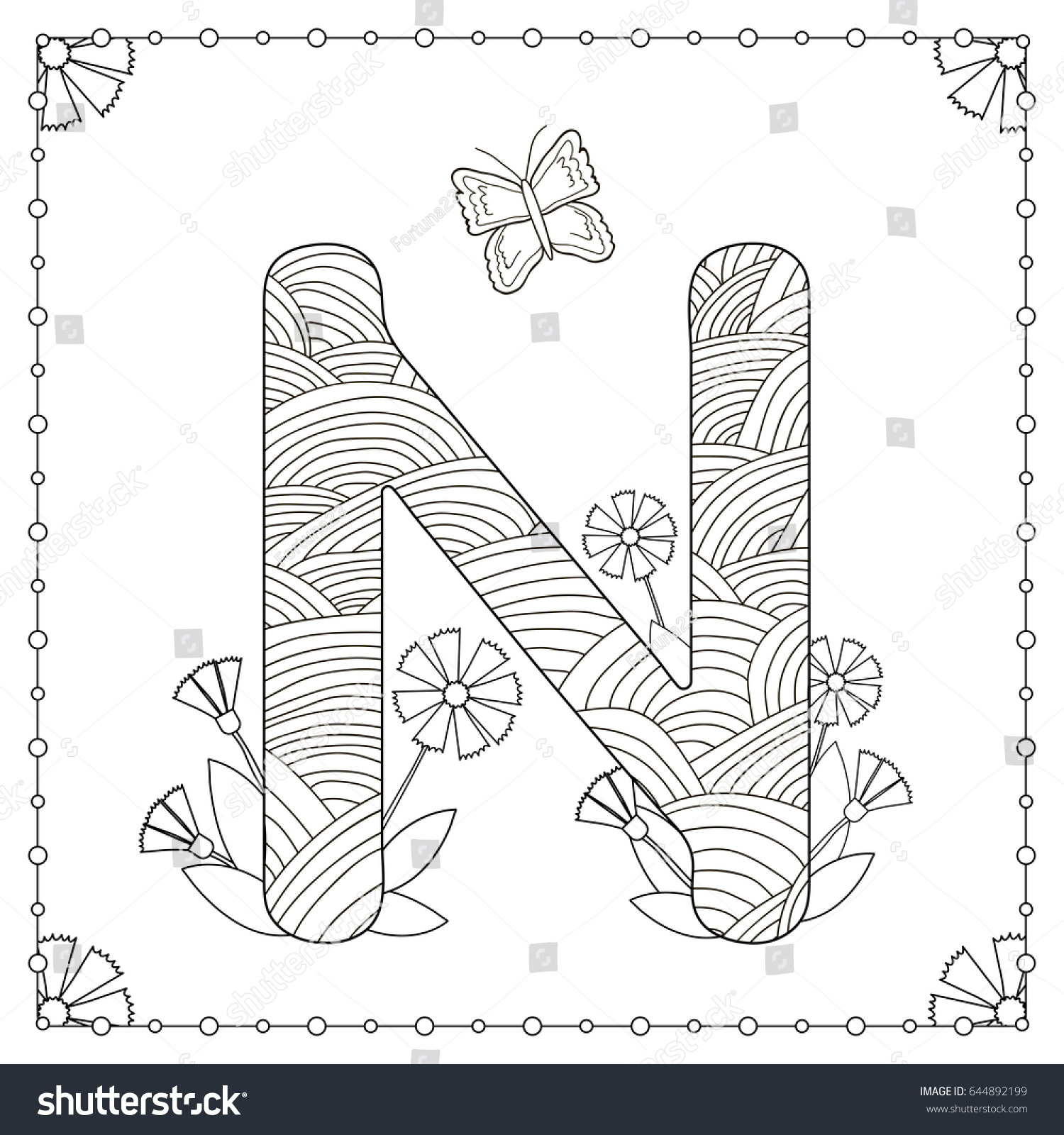 Alphabet coloring page capital letter n stock vector royalty free